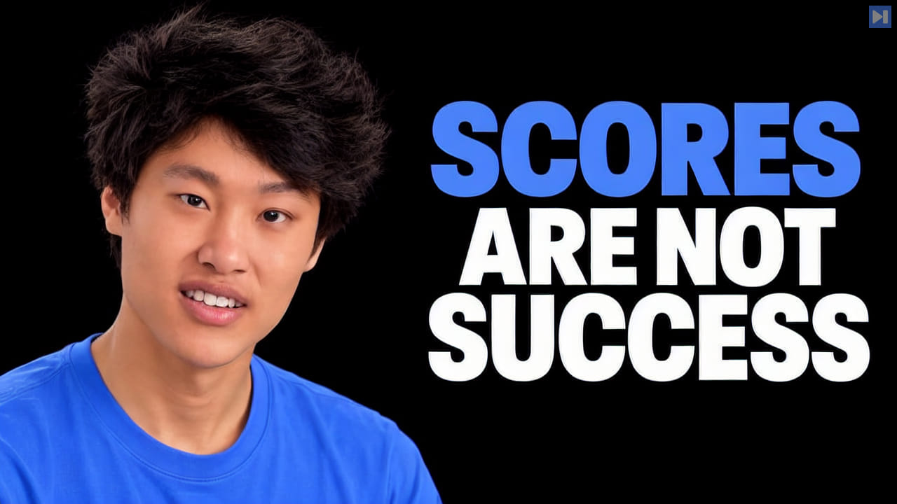 Daniel Han against a black background beside the blue and white headline "SCORES ARE NOT SUCCESS".