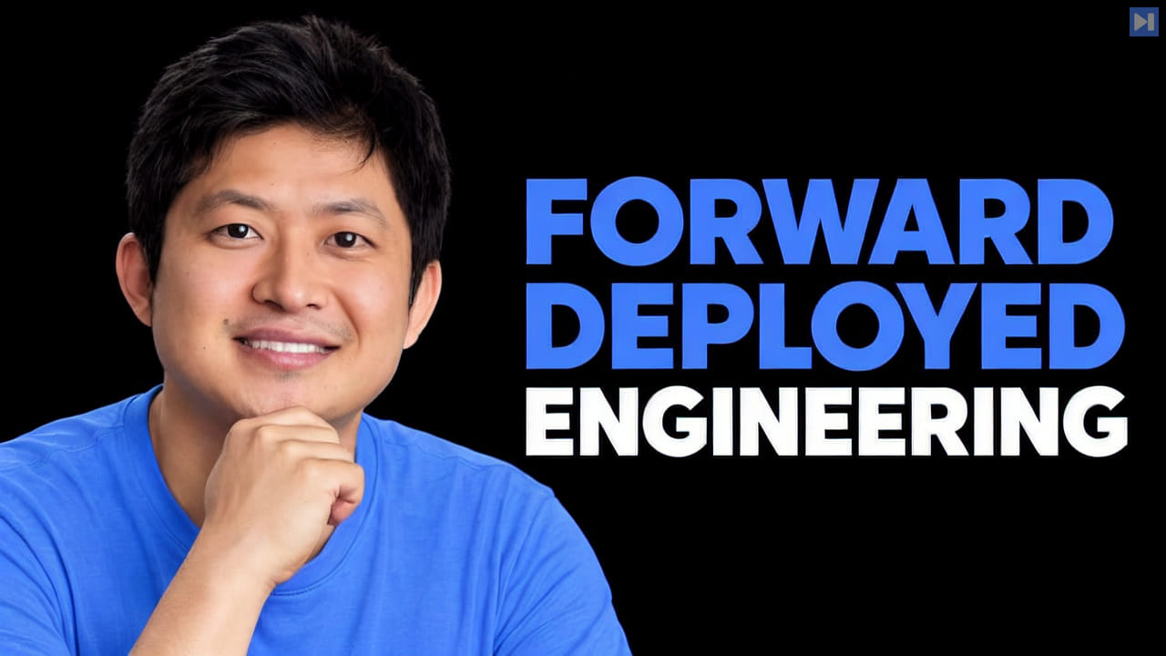 Kevin Bai in a blue top beside the blue and white headline FORWARD DEPLOYED ENGINEERING on black.