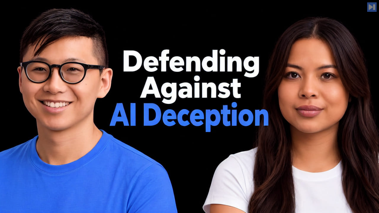 Kevin Tian in blue with round glasses and Sophia Dew in white beside the white and blue headline Defending Against AI Deception on black.