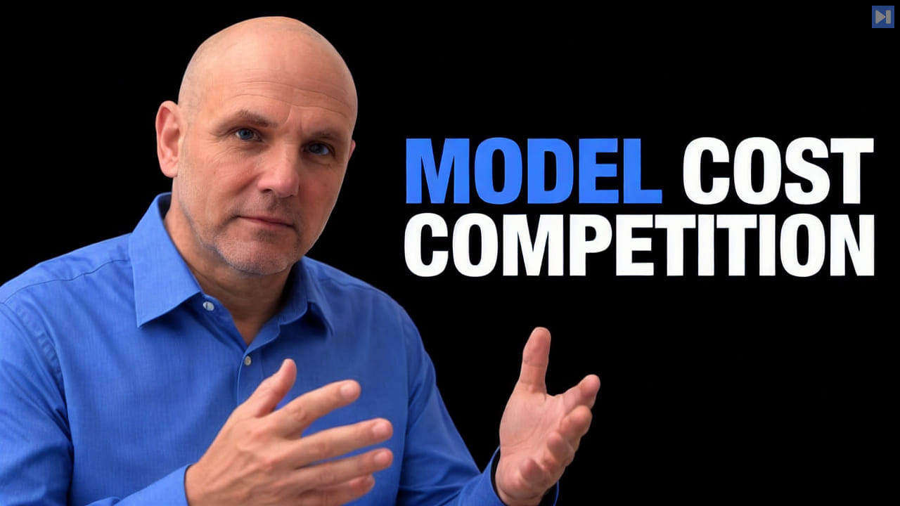 Kevin Walmsley gestures beside the blue and white headline Model Cost Competition against a black background.
