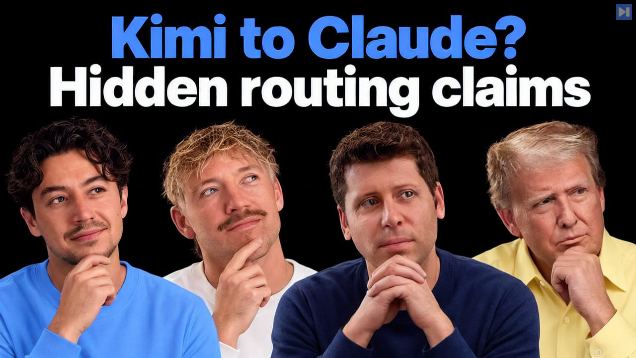 Nick Saraev, Jack Roberts, Sam Altman and Donald Trump beside the headline Kimi to Claude? Hidden routing claims.