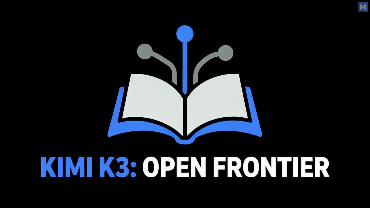 A flat open-book and branching-node symbol beside the blue and white headline KIMI K3: OPEN FRONTIER on black.