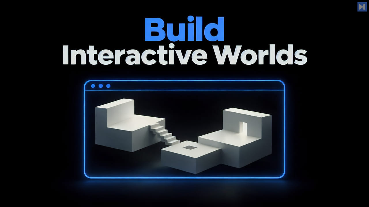 Three off-white miniature-world structures in a blue browser frame below Build Interactive Worlds on black.