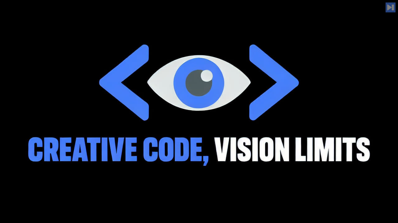 A flat eye between code brackets above the blue and white headline CREATIVE CODE, VISION LIMITS on black.