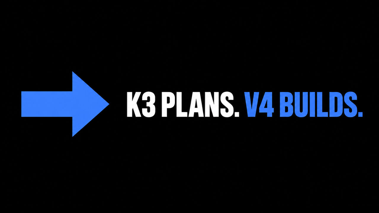 A flat attention-blue handoff arrow on a black background beside the headline ‘K3 PLANS. V4 BUILDS.’.