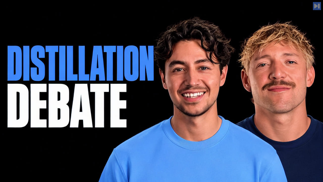 Nick Saraev and Jack Roberts beside the blue and white headline DISTILLATION DEBATE on a black background.