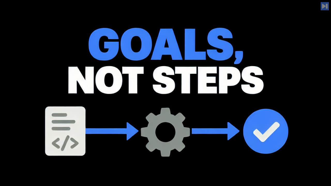 A flat coding document, gear and check-mark workflow below the blue and white headline GOALS, NOT STEPS on black.