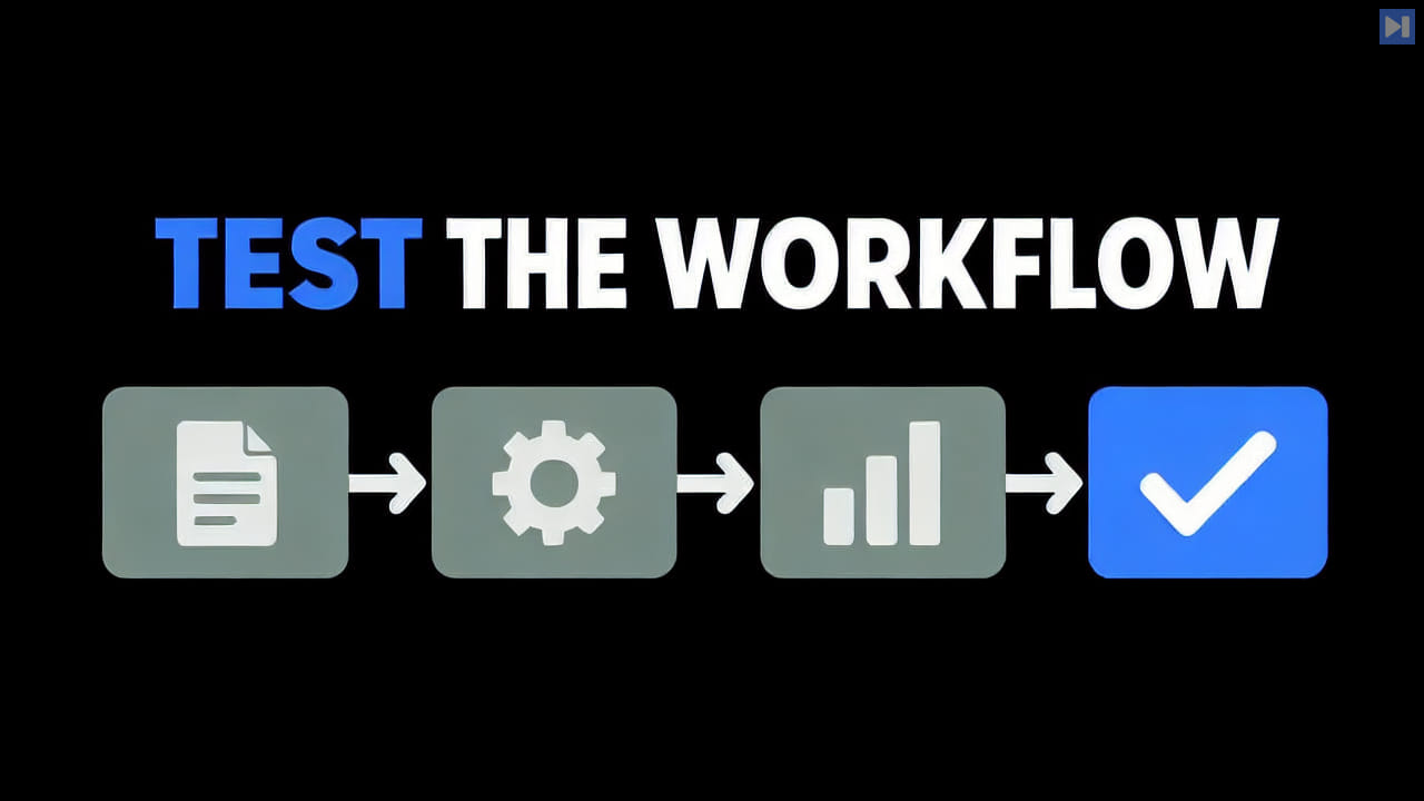 A flat workflow illustration with a document, gear, bars and check beneath the blue and white headline "TEST THE WORKFLOW" on black.