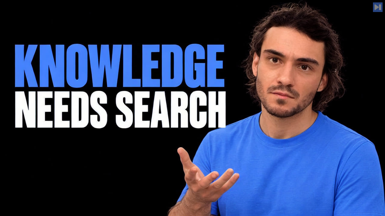 Benjamin Clavié in a blue top gestures beside the blue and white headline “Knowledge Needs Search” on black.