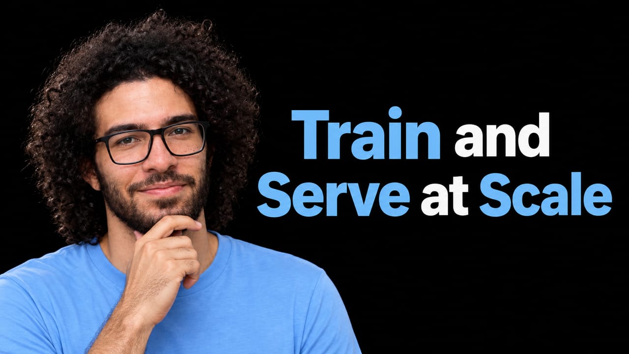 Portrait of Gabriel Jorge Menezes with the headline Train and Serve at Scale.
