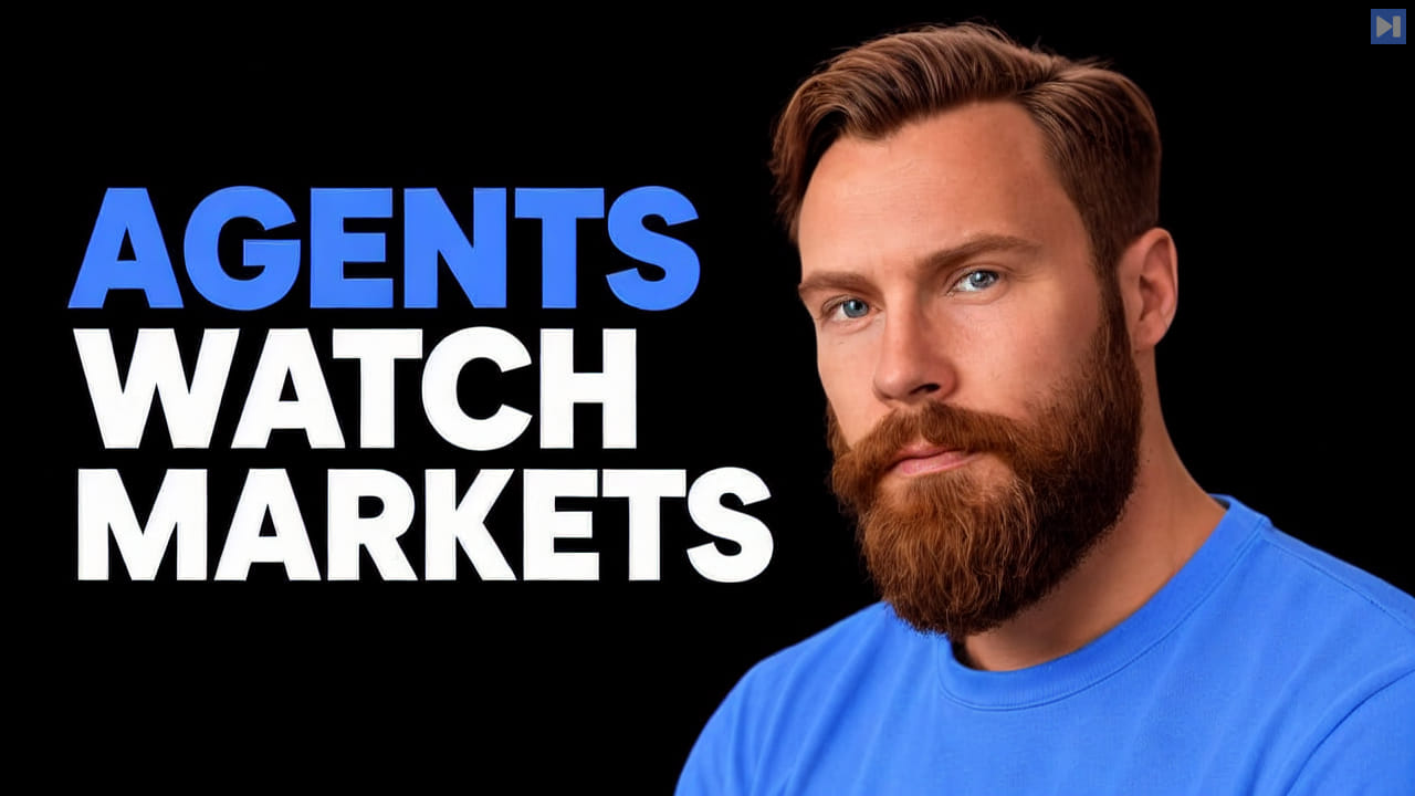Kristian Fagerlie in a blue top beside the blue and white headline “AGENTS WATCH MARKETS” on black.