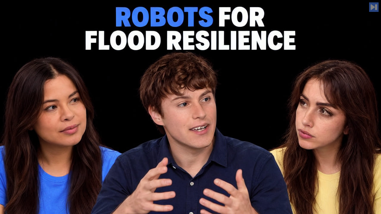 Sophia Dew, Laurence Allen and Sofia Puccini beneath the headline Robots for Flood Resilience on a black background.