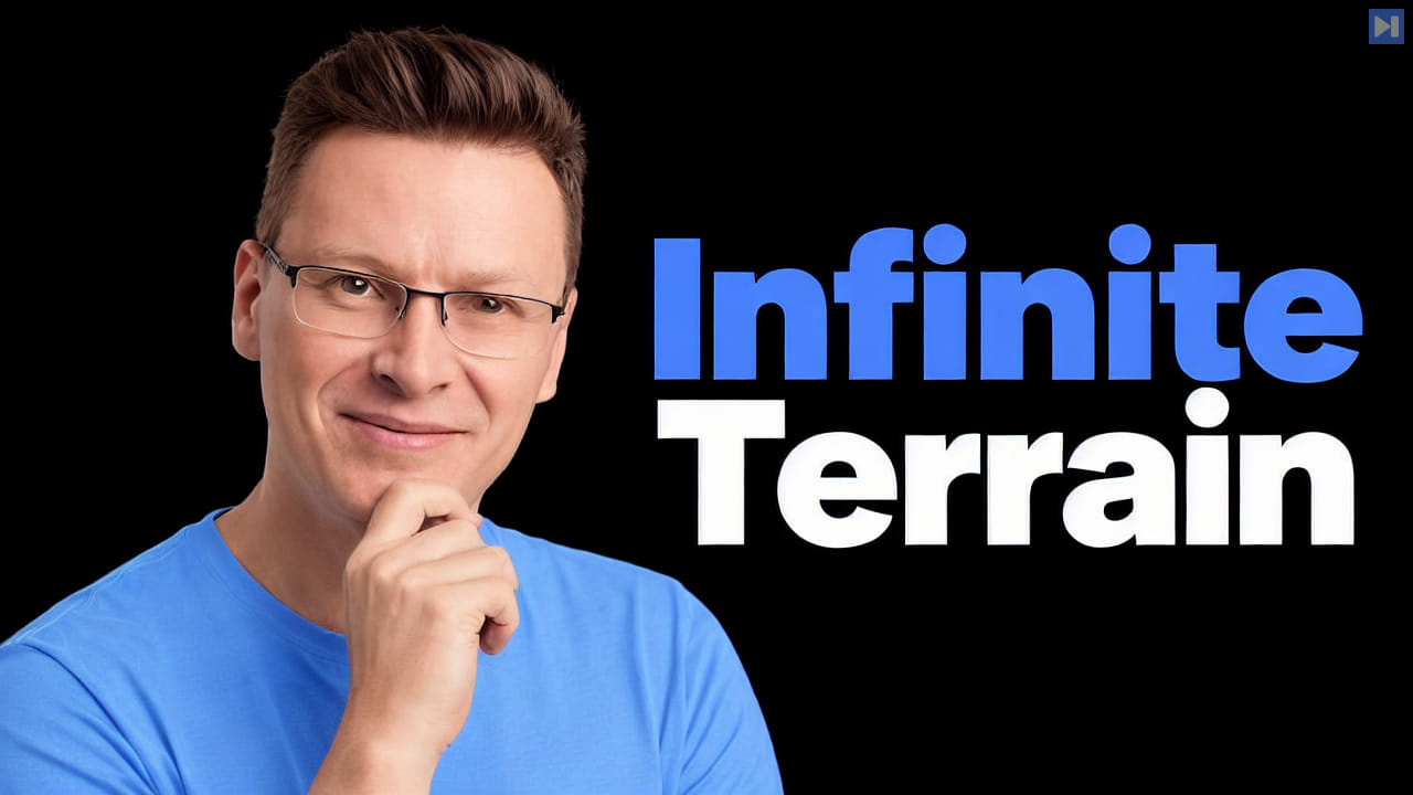 Károly Zsolnai-Fehér in a blue top with one hand at his chin beside the blue-and-white headline “Infinite Terrain” on black.