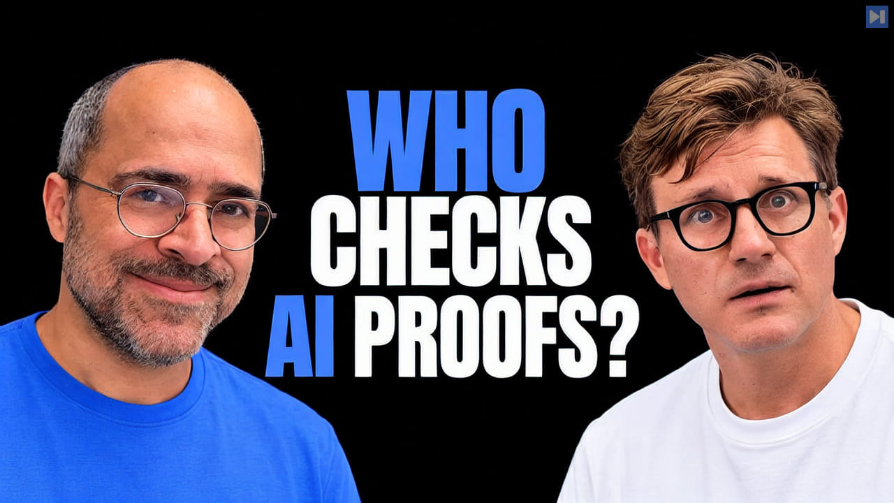 Leonardo de Moura in blue and Tim Scarfe in white beside the blue and white headline 'WHO CHECKS AI PROOFS?' on black.