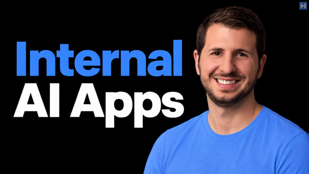 Garrett Galow in a plain blue T-shirt on black beside the blue and white headline “Internal AI Apps”.