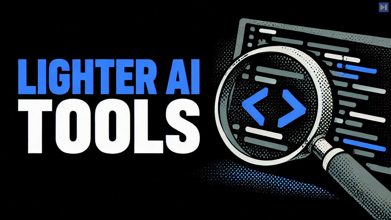 A flat magnifying glass and code brackets beside the words LIGHTER AI TOOLS on black.