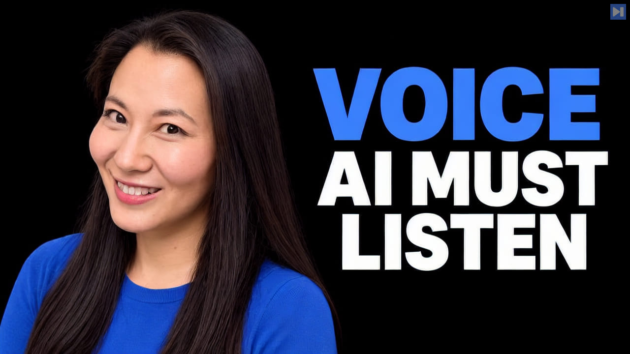 Midam Kim against a black background beside the blue and white headline "VOICE AI MUST LISTEN".