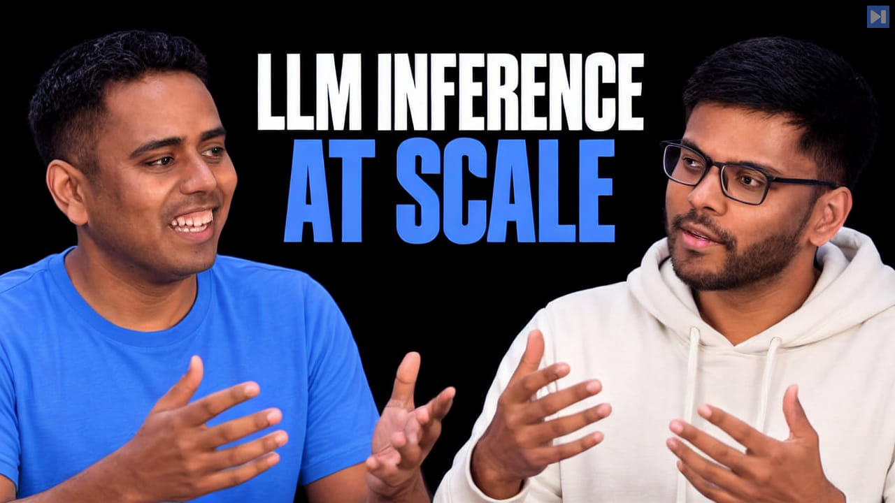 Harshul Jain and Tanmay Sah beside a glowing GPU memory map showing LLM tokens, KV cache blocks and throughput metrics.