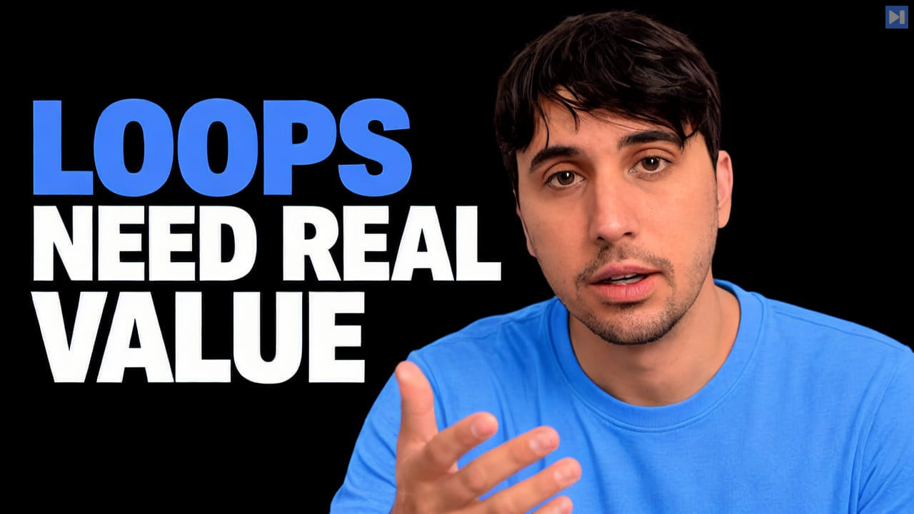 0xSero in a blue top gestures beside the blue and white headline "LOOPS NEED REAL VALUE" on black.