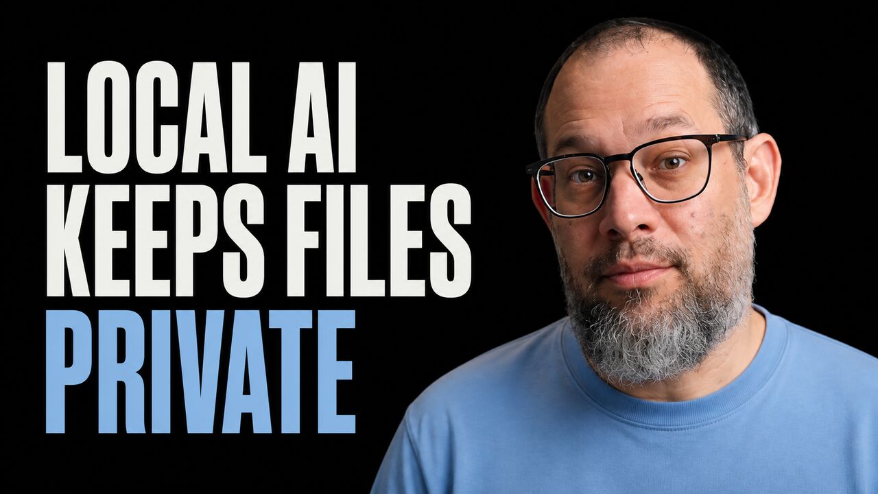 The words Local AI Keeps Files Private beside a portrait of Nate B Jones