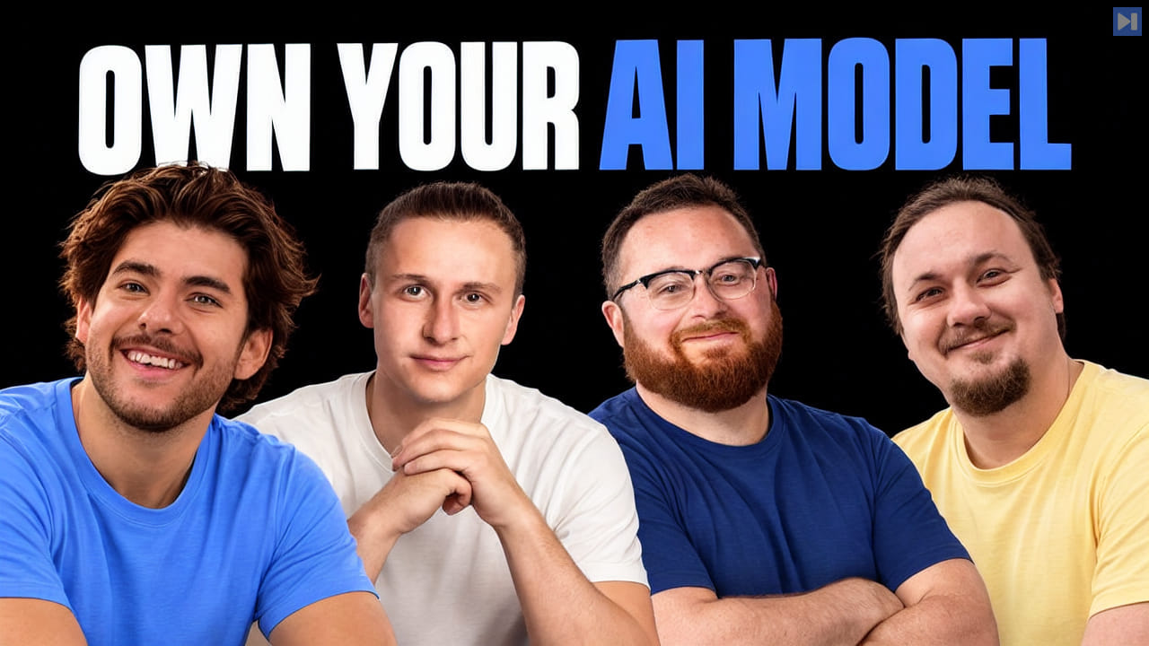 Carter Abdallah in attention blue, Vincent Weisser in off-white, Lucas Atkins in dark blue and Chris Alexiuk in pastel yellow on a black background beside the headline “OWN YOUR AI MODEL”.