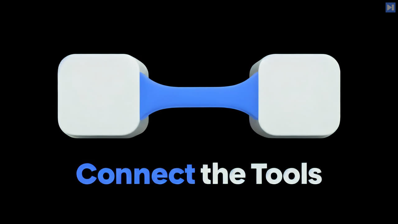 Two off-white blocks joined by a blue bridge above the blue and white headline Connect the Tools on black.