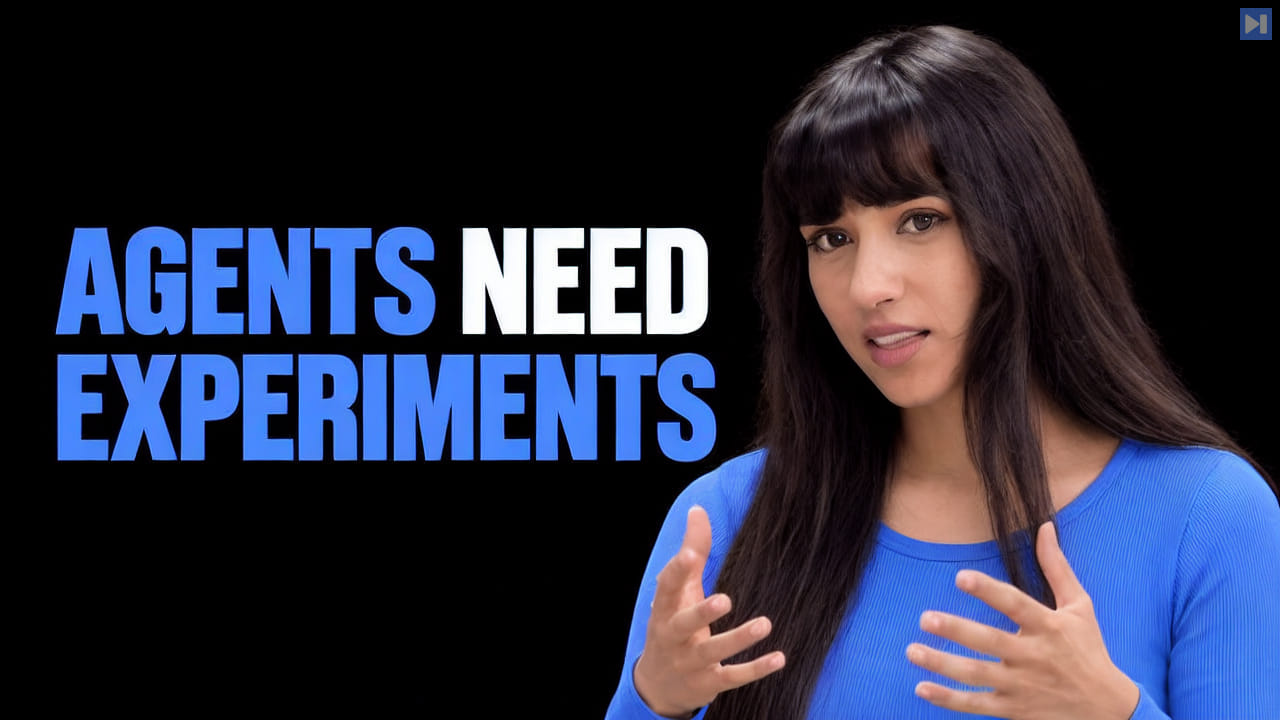 Erina Karati in blue on the right, gesturing beside the blue and white headline “AGENTS NEED EXPERIMENTS” on black.