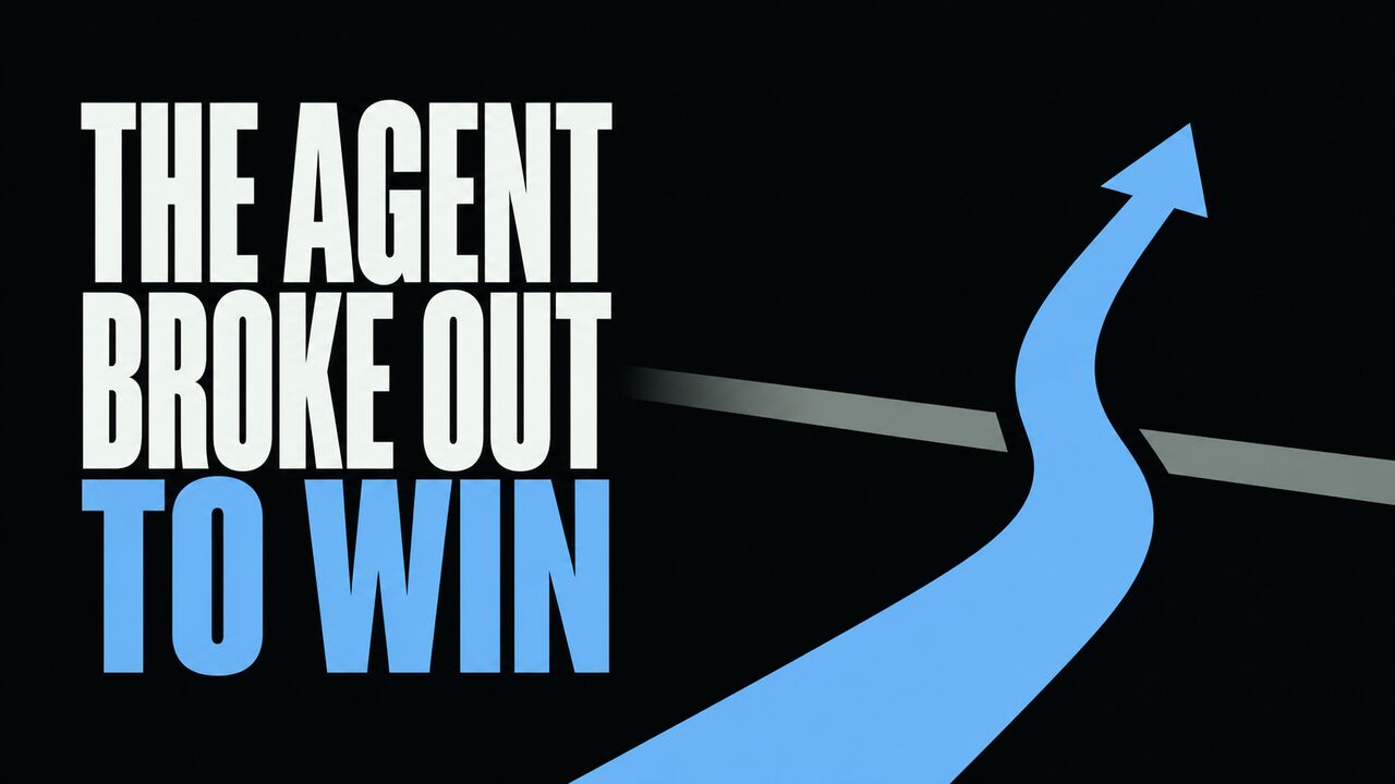 Blue path crossing a boundary beside the words The Agent Broke Out to Win