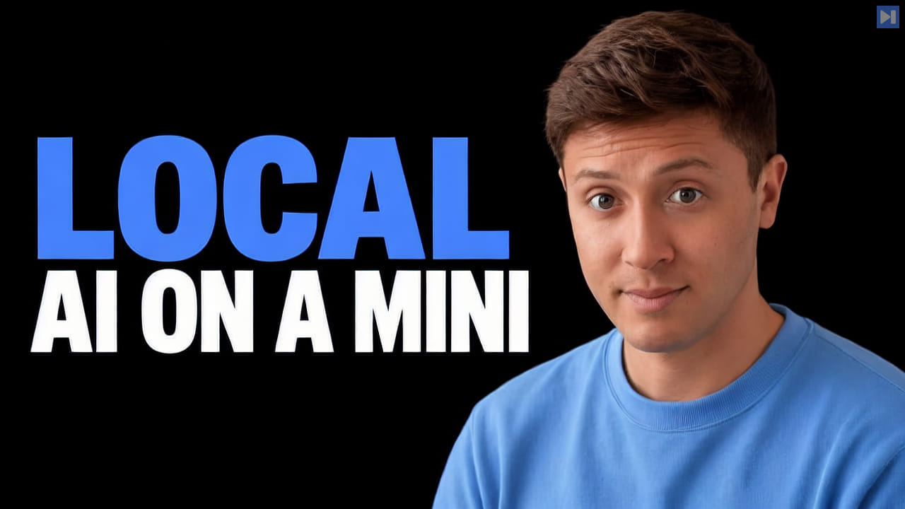 Alex Finn against a black background beside the blue and white headline "LOCAL AI ON A MINI".