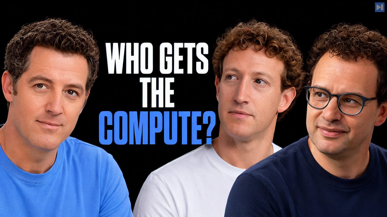 Matthew Berman in blue, Mark Zuckerberg in white and Dario Amodei in navy beside the white and blue headline WHO GETS THE COMPUTE? on black.