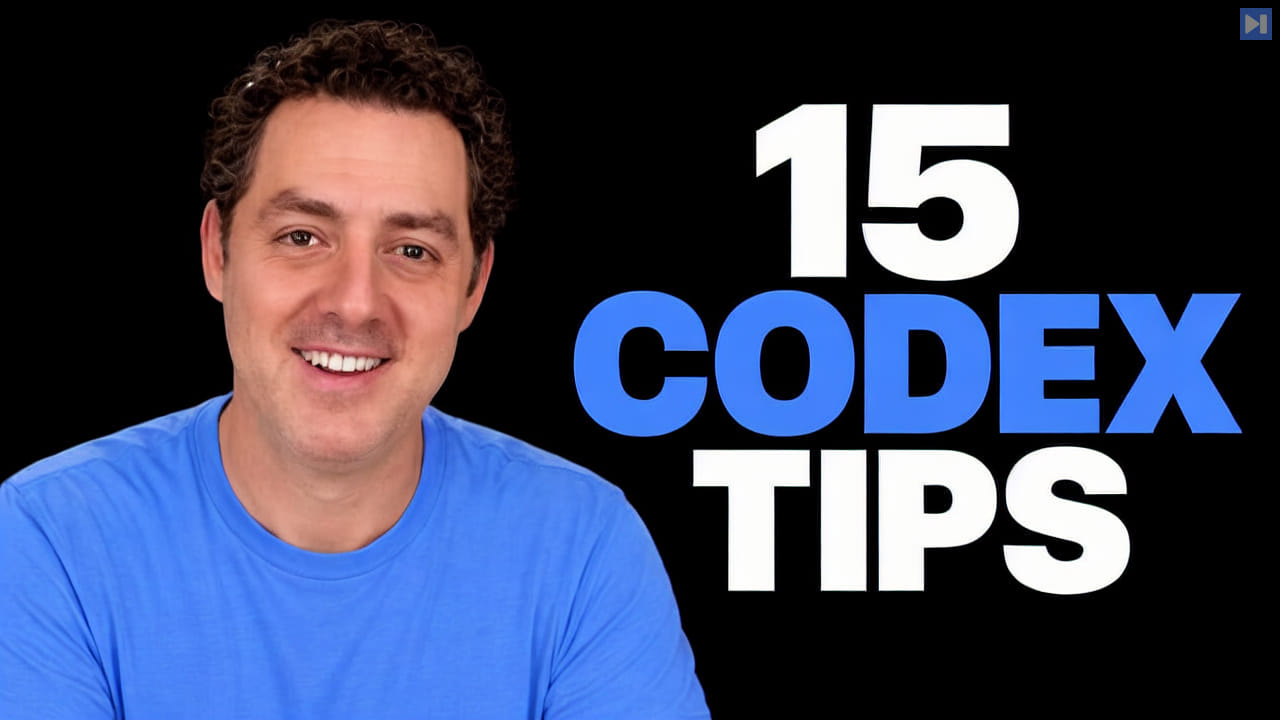 Matthew Berman in a blue shirt beside the large white-and-blue headline “15 Codex Tips” on black.