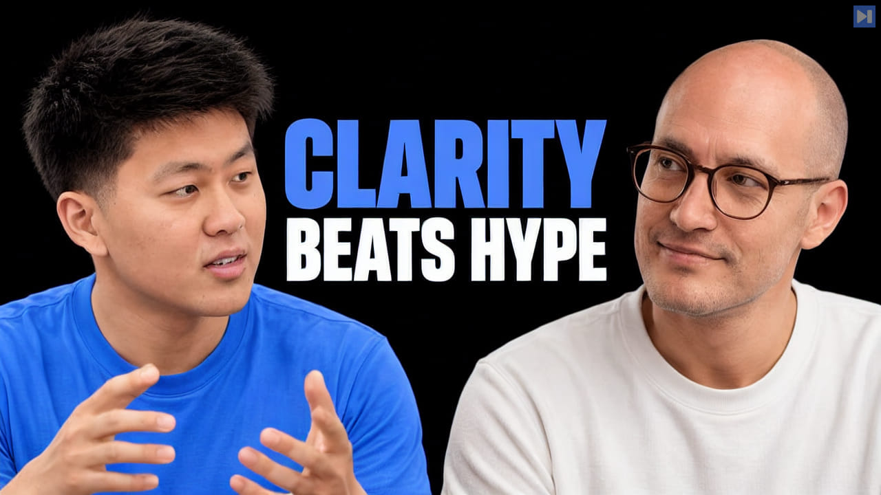 Nate Herk in blue gestures toward Matt Pocock in white beside the blue and white headline "CLARITY BEATS HYPE" on black.