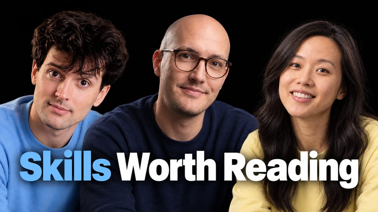 Portraits of Theo Browne, Matt Pocock and Lauren Tan with the headline Skills Worth Reading.