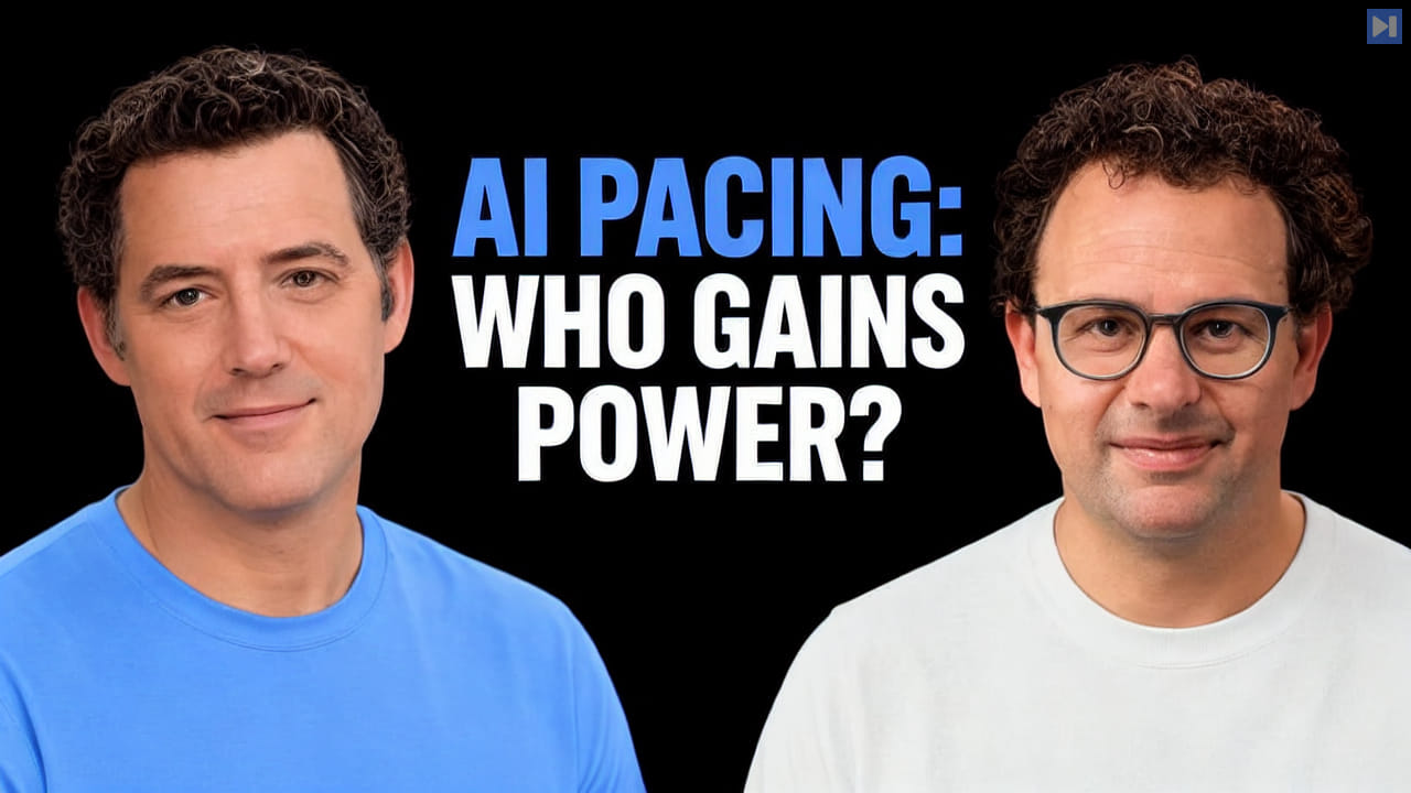 Matthew Berman, Dario Amodei beside the blue and white headline AI PACING: WHO GAINS POWER? on a black background.