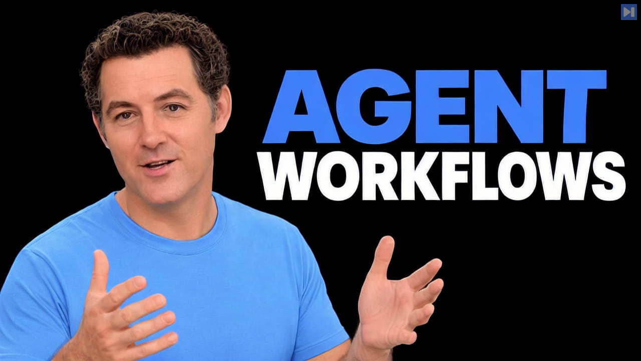 Matthew Berman in a blue shirt against a black background beside the blue-and-white headline "AGENT WORKFLOWS".