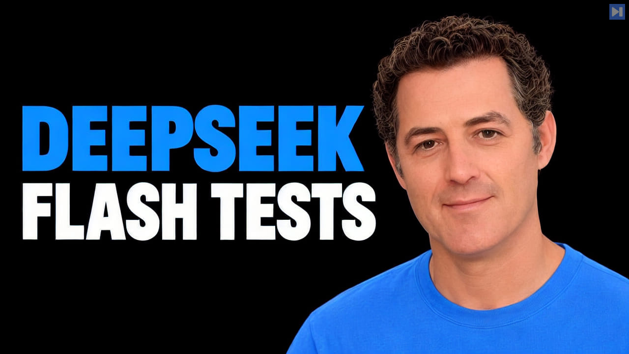 Matthew Berman beside the flat blue and white headline DeepSeek Flash Tests on black.