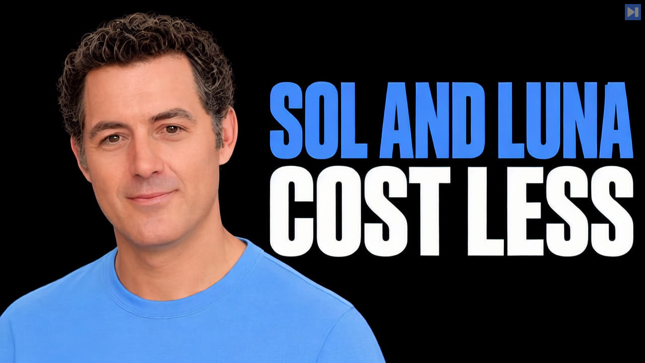 Matthew Berman in a blue top beside the blue and white headline 'SOL AND LUNA COST LESS' on black.