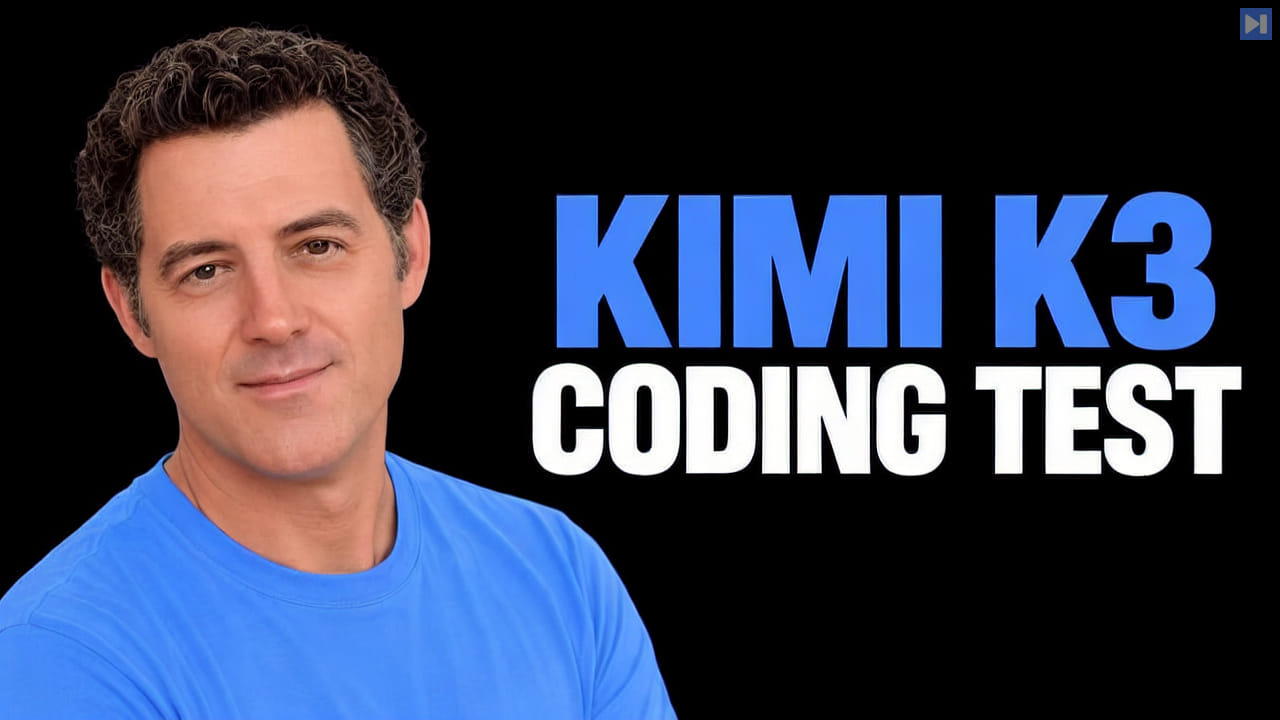 Matthew Berman in a blue top beside the blue and white headline “KIMI K3 CODING TEST” against black.