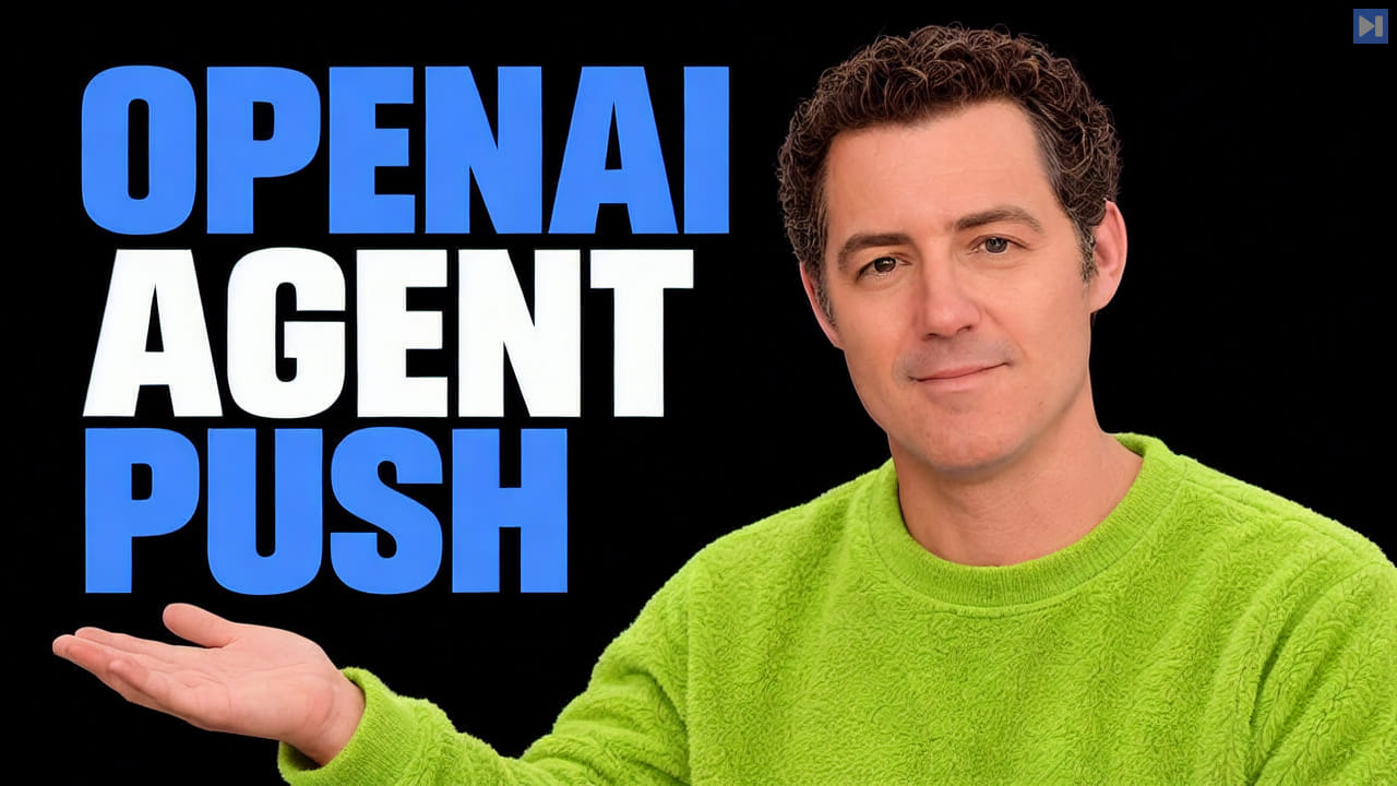 Matthew Berman in a fuzzy lime-green plush top with an open palm beside the blue and white headline 'OPENAI AGENT PUSH' on black.