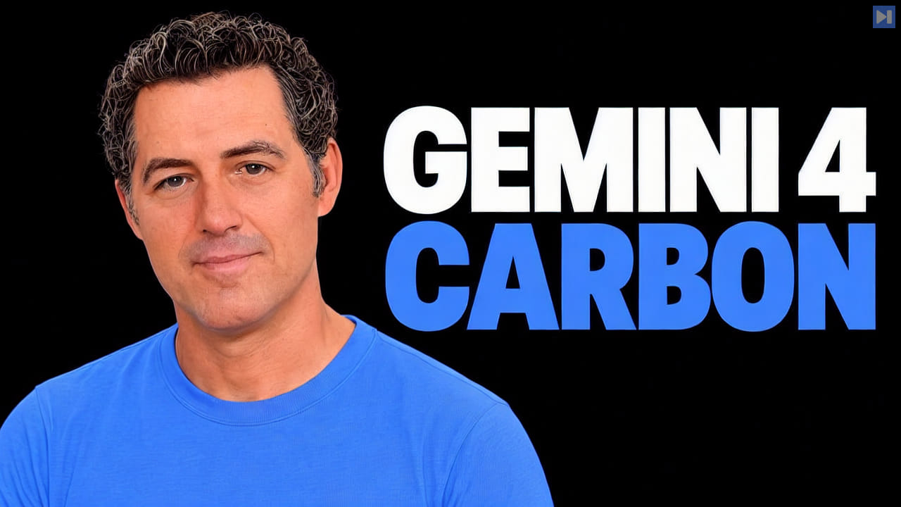 Matthew Berman beside the white and blue words Gemini 4 Carbon on black.