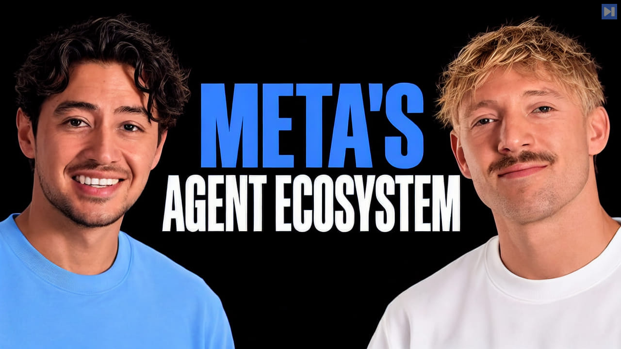 Nick Saraev in blue and Jack Roberts in white flank the blue and white headline 'META'S AGENT ECOSYSTEM' on black.
