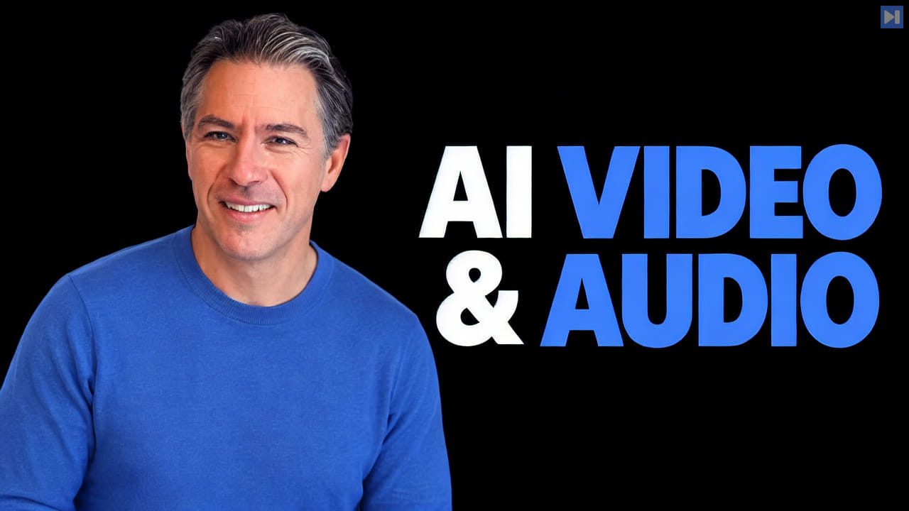 Tim Simmons in a blue top beside the blue-and-white headline “AI VIDEO & AUDIO” on black.