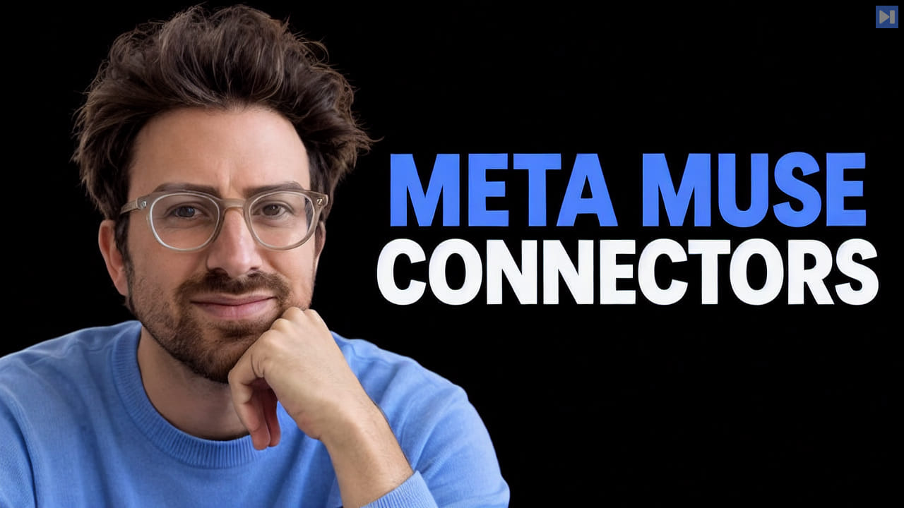Greg Isenberg in clear glasses with a hand at his chin beside the blue-and-white headline “META MUSE CONNECTORS” on black.