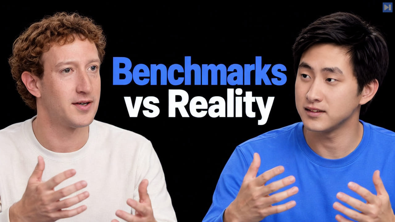 Mark Zuckerberg and Alexandr Wang facing each other beside the blue-and-white headline Benchmarks vs Reality on black.