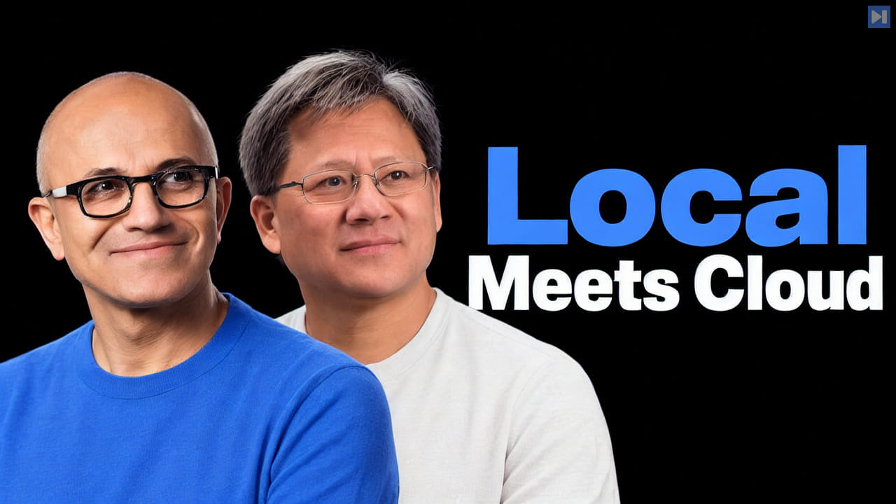 Satya Nadella in blue and Jensen Huang in white against black beside the blue-and-white headline “Local Meets Cloud”.