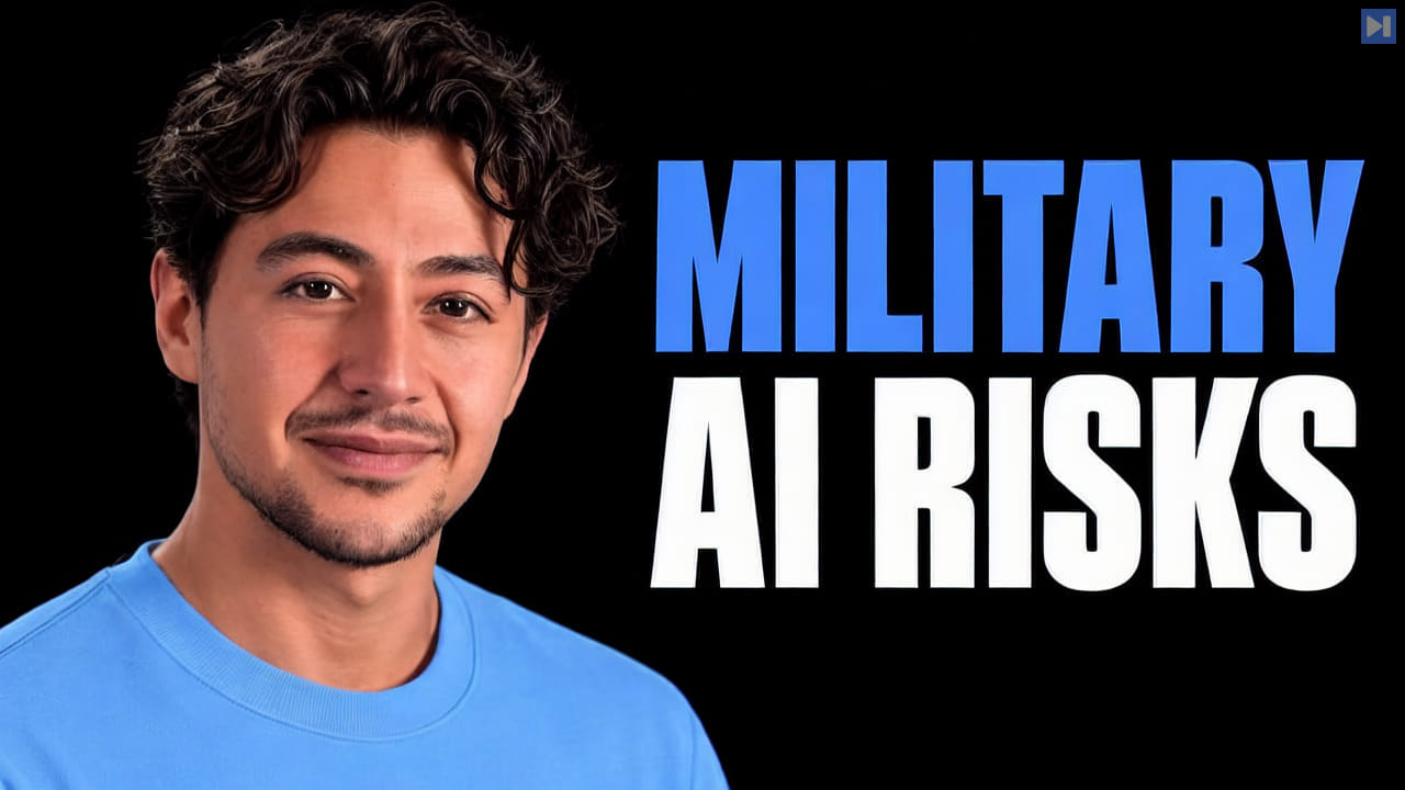 Nick Saraev beside the headline MILITARY AI RISKS on a black background.
