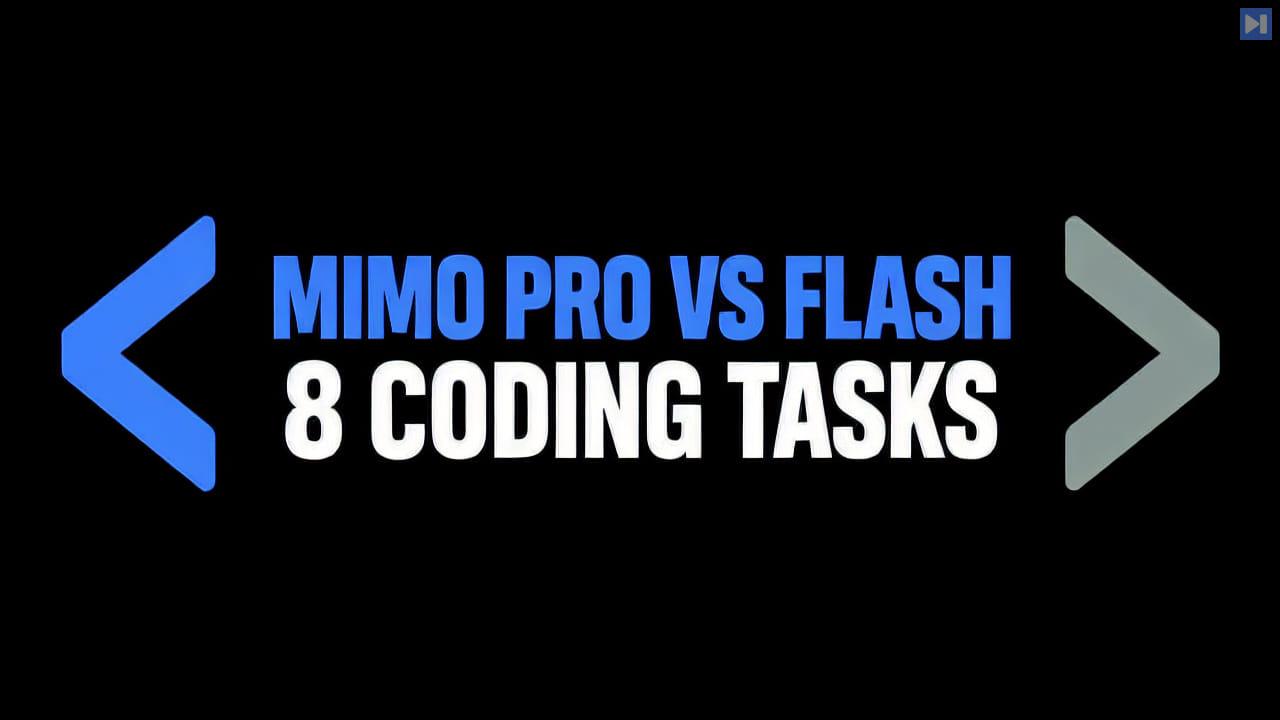Blue and pale green code brackets frame the blue and white headline MIMO PRO VS FLASH 8 CODING TASKS on black.