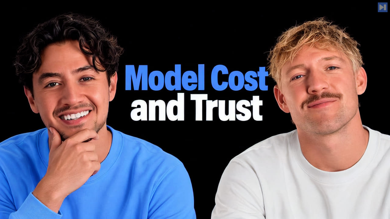 Nick Saraev and Jack Roberts against black beside the blue and white headline Model Cost and Trust.