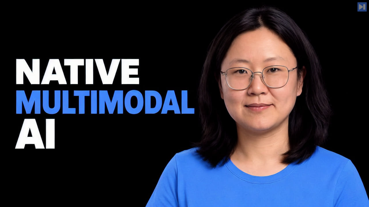 Olive Song in glasses and a plain blue top against black beside the white and blue headline NATIVE MULTIMODAL AI.