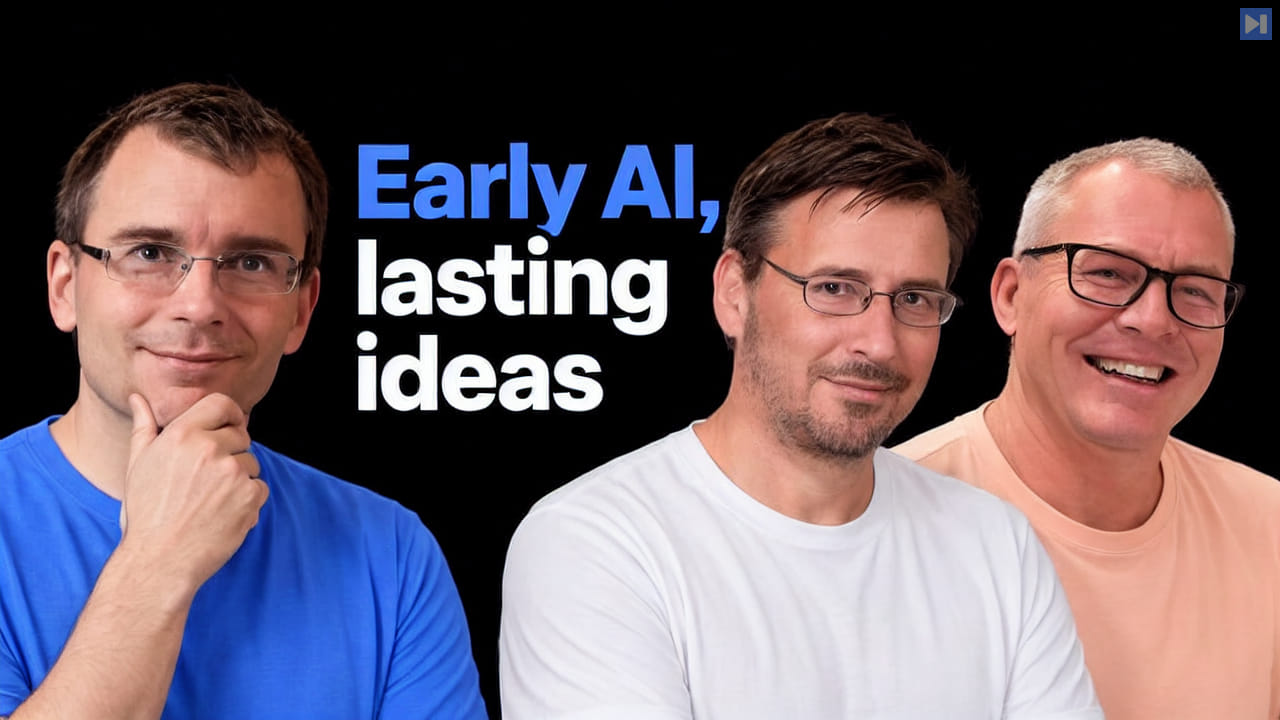 Lars Brinkhoff in blue with a hand at his chin, Oscar Vermeulen in white and Sean Riley in peach, all in glasses, beside the blue and white headline Early AI, lasting ideas on black.